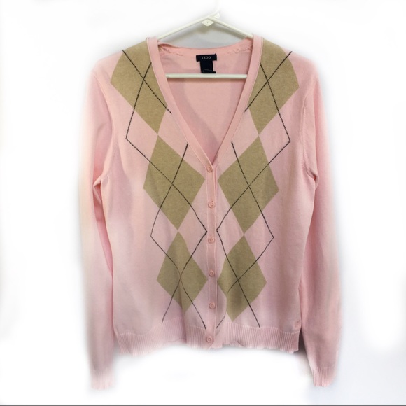 Izod Sweaters - IZOD Pink Argyle V Neck Button Up Cardigan Large